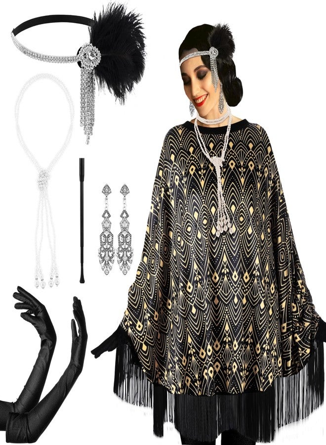 Floraltop 6 Pcs 1920s Flapper Costume Accessories Set for Women Vintage Fringed Poncho Flapper Shawl Outfits(Rhinestone) - Image 1