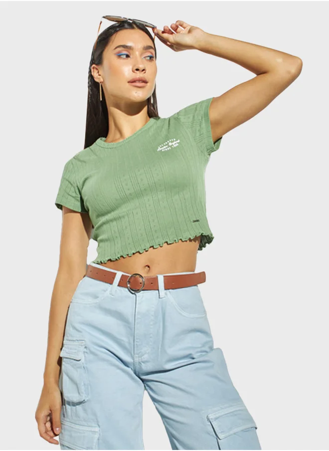 لي كوبر Ribbed Crop T-Shirt With Crew Neck And Short Sleeves