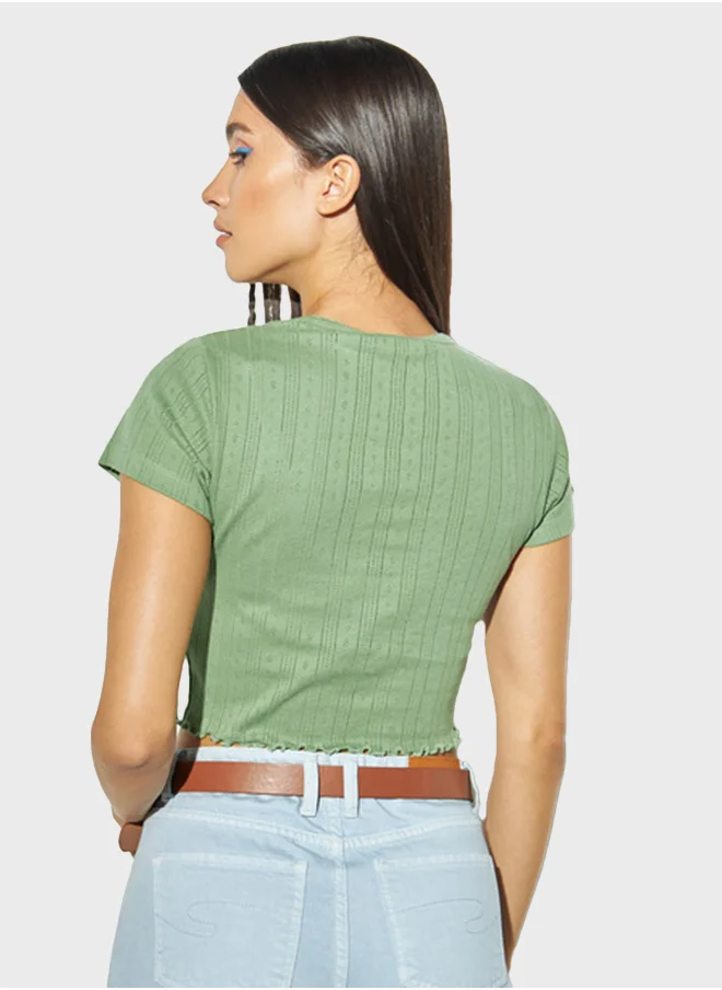 لي كوبر Ribbed Crop T-Shirt With Crew Neck And Short Sleeves