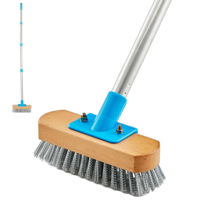 YONILL Stainless Steel Deck Scrub Brush with Long Handle 60 Heavy Duty Floor Scrubber Brush with Pole Moss Remover Wire Cleaning Brushes for Rough Surface Concrete Floor Patio Garden Garage