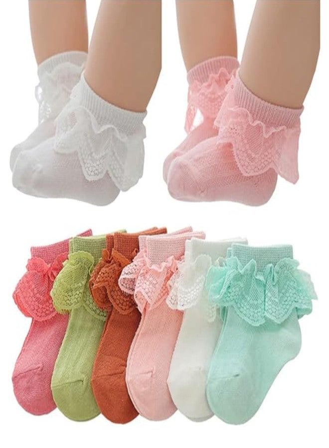 Khwaish Store 6 Pairs Little Toddler Girls Embroidery Lace Ruffle Socks Cute Princess Dress Frilly Lace Socks Cotton Teen Girl Socks, Multicolor - Image 4