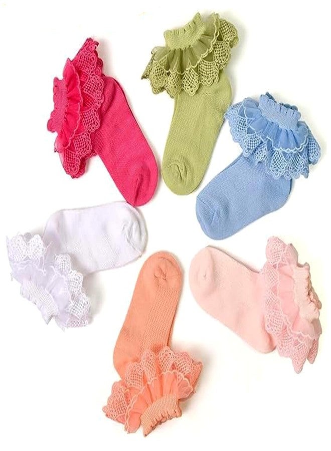 Khwaish Store 6 Pairs Little Toddler Girls Embroidery Lace Ruffle Socks Cute Princess Dress Frilly Lace Socks Cotton Teen Girl Socks, Multicolor - Image 1