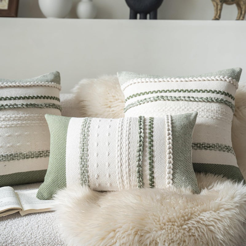 Cethom Boho Throw Pillow Covers 12x20 Inch Set of 2, Green Textured Decorative Couch Pillow Cases for Farmhouse Home Decor, Accent Cushion Cover for Sofa, Bed, Living Room, Bedroom - Image 3