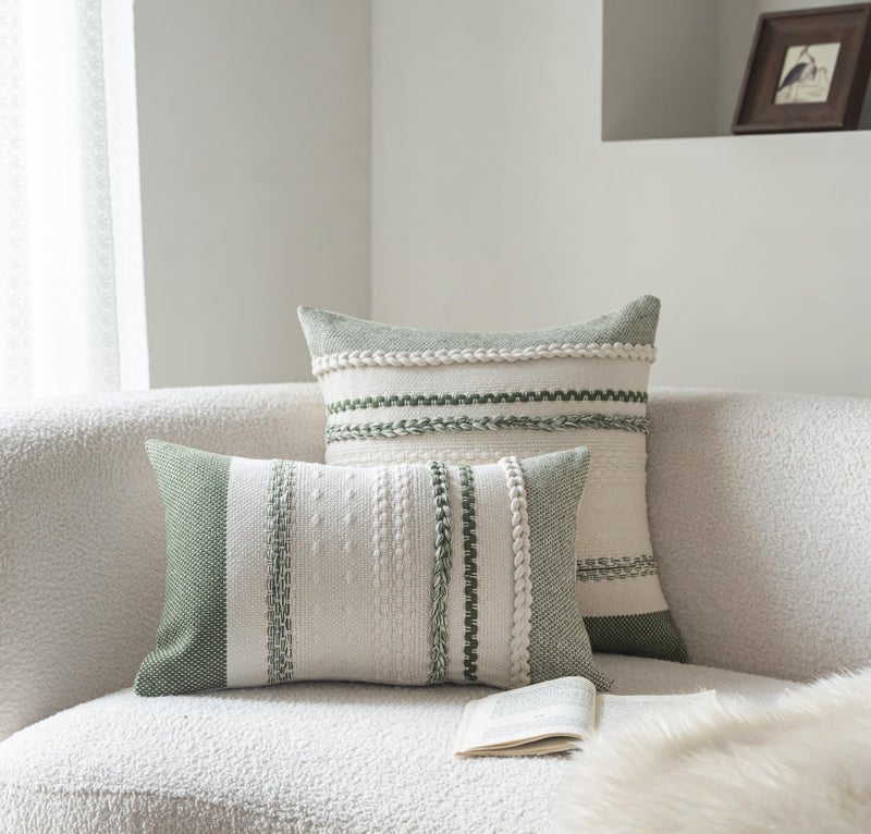 Cethom Boho Throw Pillow Covers 12x20 Inch Set of 2, Green Textured Decorative Couch Pillow Cases for Farmhouse Home Decor, Accent Cushion Cover for Sofa, Bed, Living Room, Bedroom - Image 2