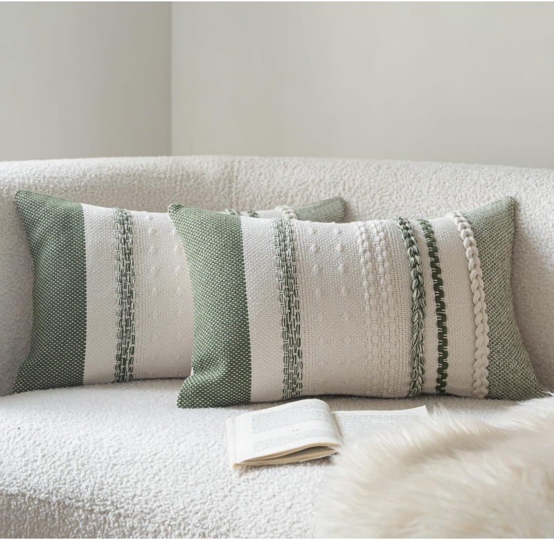 Cethom Boho Throw Pillow Covers 12x20 Inch Set of 2, Green Textured Decorative Couch Pillow Cases for Farmhouse Home Decor, Accent Cushion Cover for Sofa, Bed, Living Room, Bedroom - Image 1