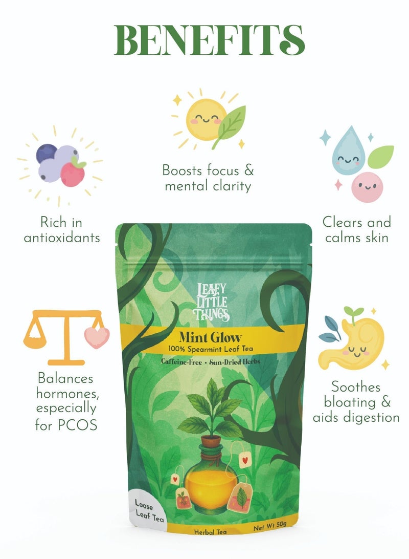 LEAFY LITTLE THINGS Mint Glow Herbal Loose Tea | 100% Spearmint Leaves | Digestive & Hormone Balance Tea | Caffeine-Free | 50g - Image 5