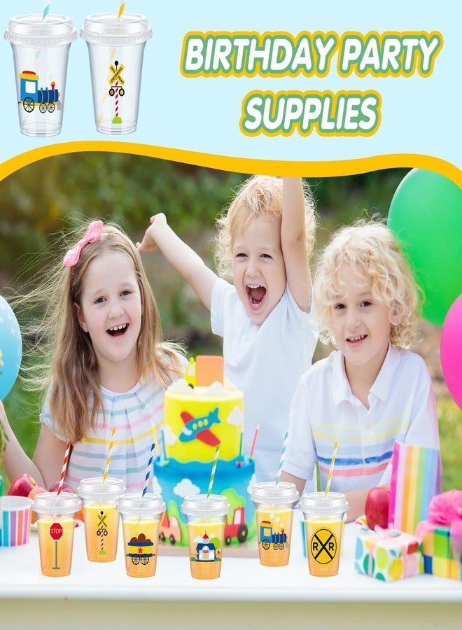 FoldTier مجموعة FoldTier من 60 كوبًا بلاستيكيًا شفافًا للاستخدام مرة واحدة سعة 14 أونصة مع أغطية وماصات ورقية لحفلات أعياد الميلاد بطابع القطارات، مثالية كهدايا تذكارية أو زينة. - Image 5