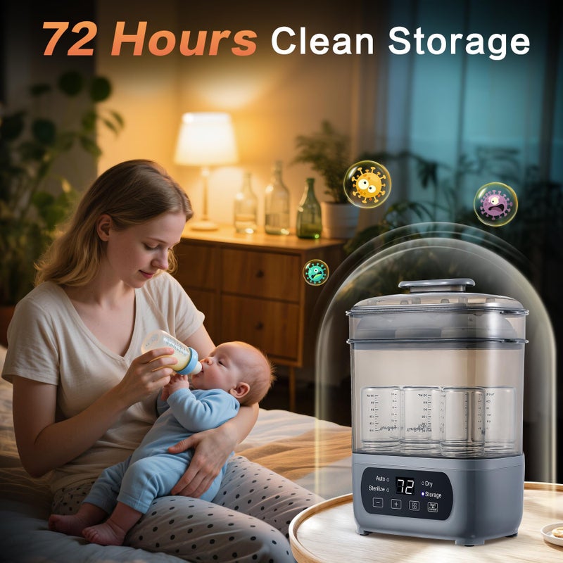 AMZBABYCHEF 4-in-1 Baby Bottle Steamer and Dryer, Electric Steamer with Fast Drying, Universal Fit for All Bottles, LED Touch Screen & Auto Shut-Off Protection (Grey) - Image 5