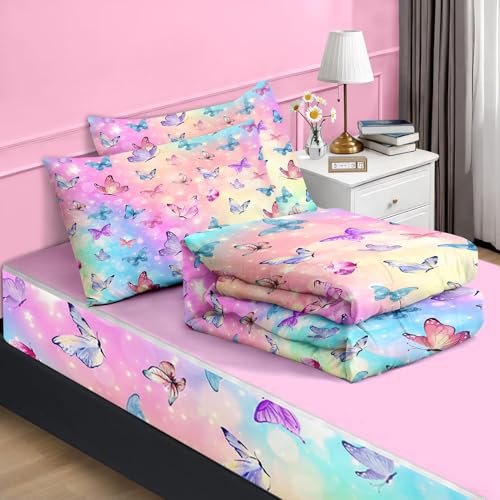 Nesker Twin Zipper Bedding, Butterfly Zipper Bedding Sets for Girls, 3pcs All in on one, Rainbow Butterflies Kids Comforter Set with Fitted Sheet and 2 Pillowcases - Image 2