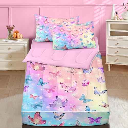 Nesker Twin Zipper Bedding, Butterfly Zipper Bedding Sets for Girls, 3pcs All in on one, Rainbow Butterflies Kids Comforter Set with Fitted Sheet and 2 Pillowcases - Image 1