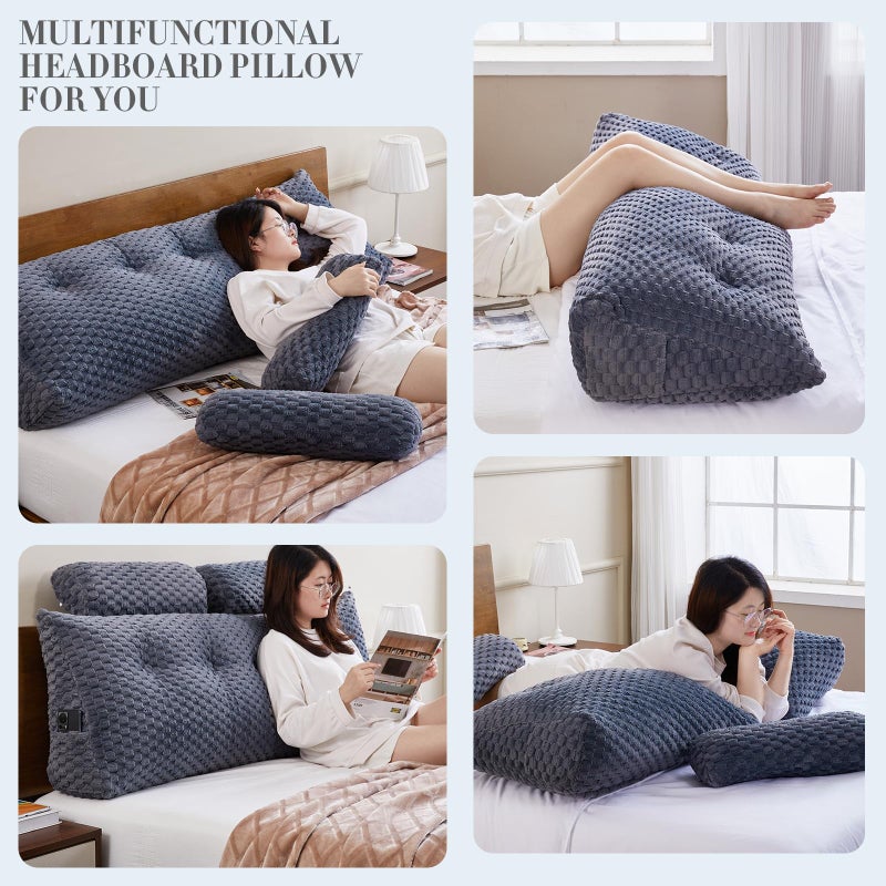 EUHAMS Wedge Headboard Pillow - Bed Wedge Pillow for Headboard Triangular Head board Pillows with Neck Roll -Large Bolster Pillows for Sitting in Bed Backrest Positioning Support (Grey,39x8x20 Inches) - Image 5