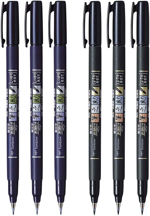 Tombow قلم فرشاة تومبو فودينوسوكي 6 عبوات طرف صلب GCD111 x3 طرف ناعم GCD112 x3 للرسم الدقيق، ملاحظات سكتش، الخط، فكرة هدية مميزة
