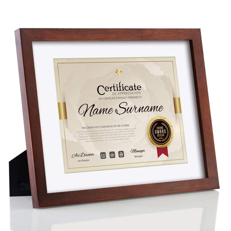RPJC Document Frame Certificate Frames Made of Solid Wood High Definition Glass and Display Diplomas 85x11 with Mat or 11x14 Inch Without Mat Standard Paper Frame with Stand Brown