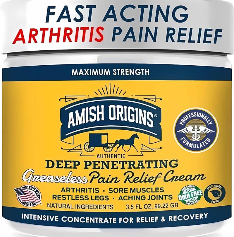 AMISH ORIGINS Amish Origins Arthritis Pain Relief Cream - 3.5 oz - Maximum Strength Deep Penetrating for Joint, Muscle, Knee, Back, Feet, Hand, Ankle, Aches, 1 Pack