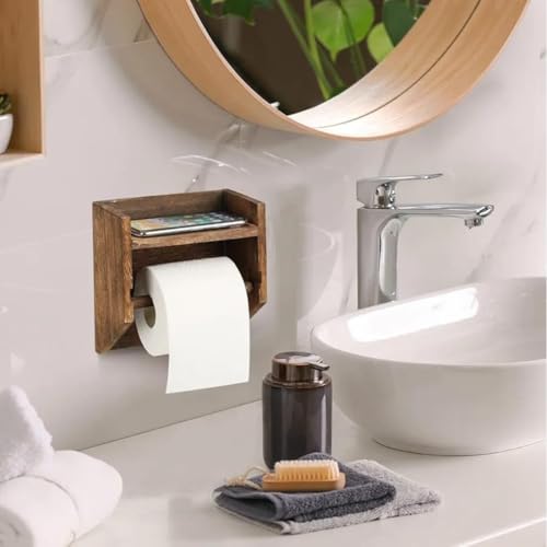 Crysellewoods 7.5"L x 7.9" Rustic Wooden Toilet Paper Holder with Shelf ，Wall Mounted Tissue Roll Holder with Phone Storage Shelf ，Paper Dispenser Holder for Bathroom Wooden Toilet Paper Holder Stand - Image 3