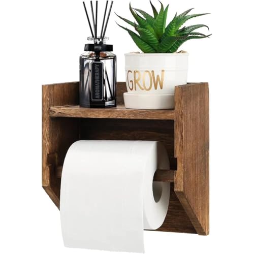 Crysellewoods 7.5"L x 7.9" Rustic Wooden Toilet Paper Holder with Shelf ，Wall Mounted Tissue Roll Holder with Phone Storage Shelf ，Paper Dispenser Holder for Bathroom Wooden Toilet Paper Holder Stand - Image 1