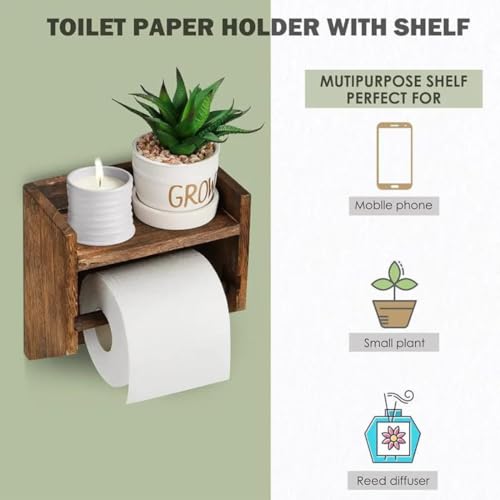 Crysellewoods 7.5"L x 7.9" Rustic Wooden Toilet Paper Holder with Shelf ，Wall Mounted Tissue Roll Holder with Phone Storage Shelf ，Paper Dispenser Holder for Bathroom Wooden Toilet Paper Holder Stand - Image 4