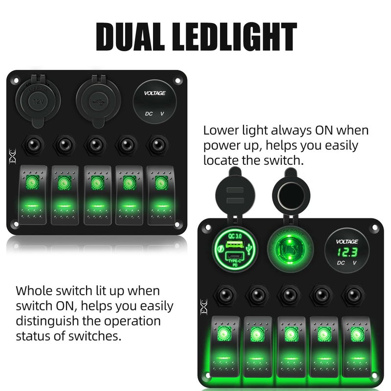 FXC Waterproof Marine Boat Rocker Switch Panel 5 Gang with QC3.0 USB & Type-C Slot Socket + Cigarette Lighter +LED Voltmeter with Overload Protection for Car Rv Vehicles Truck (5 Gang Green LED) - Image 4