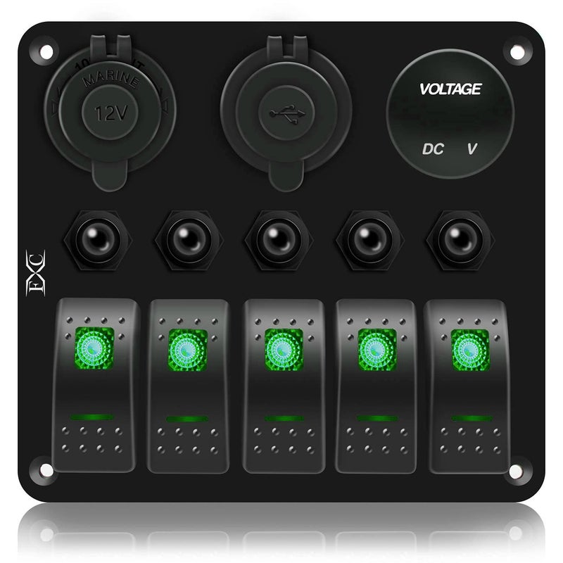 FXC Waterproof Marine Boat Rocker Switch Panel 5 Gang with QC3.0 USB & Type-C Slot Socket + Cigarette Lighter +LED Voltmeter with Overload Protection for Car Rv Vehicles Truck (5 Gang Green LED) - Image 2