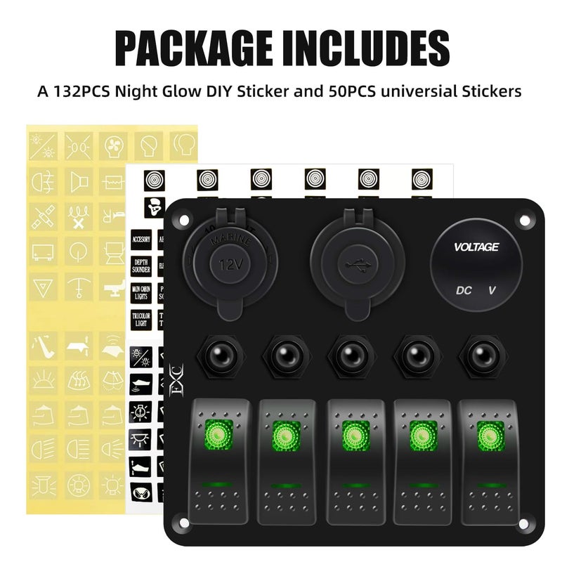 FXC Waterproof Marine Boat Rocker Switch Panel 5 Gang with QC3.0 USB & Type-C Slot Socket + Cigarette Lighter +LED Voltmeter with Overload Protection for Car Rv Vehicles Truck (5 Gang Green LED) - Image 5