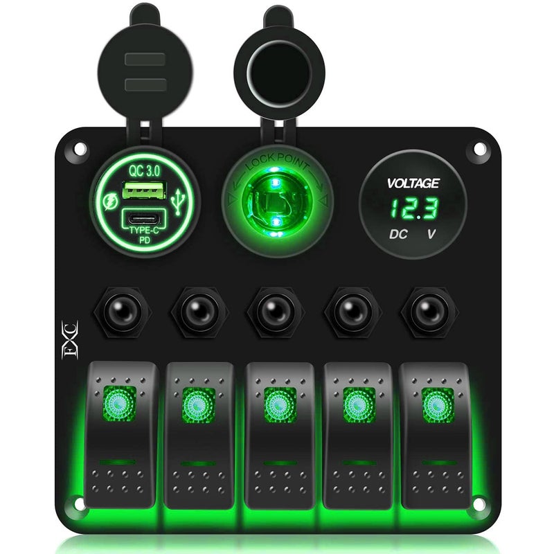 FXC Waterproof Marine Boat Rocker Switch Panel 5 Gang with QC3.0 USB & Type-C Slot Socket + Cigarette Lighter +LED Voltmeter with Overload Protection for Car Rv Vehicles Truck (5 Gang Green LED) - Image 1