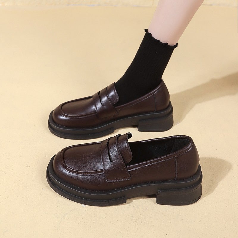 Japanese Style Thick Heel Slip-on Shoes Womens 2024 Spring New Korean Style Thick-soled College-style Mid-heel Loafers D.Brown