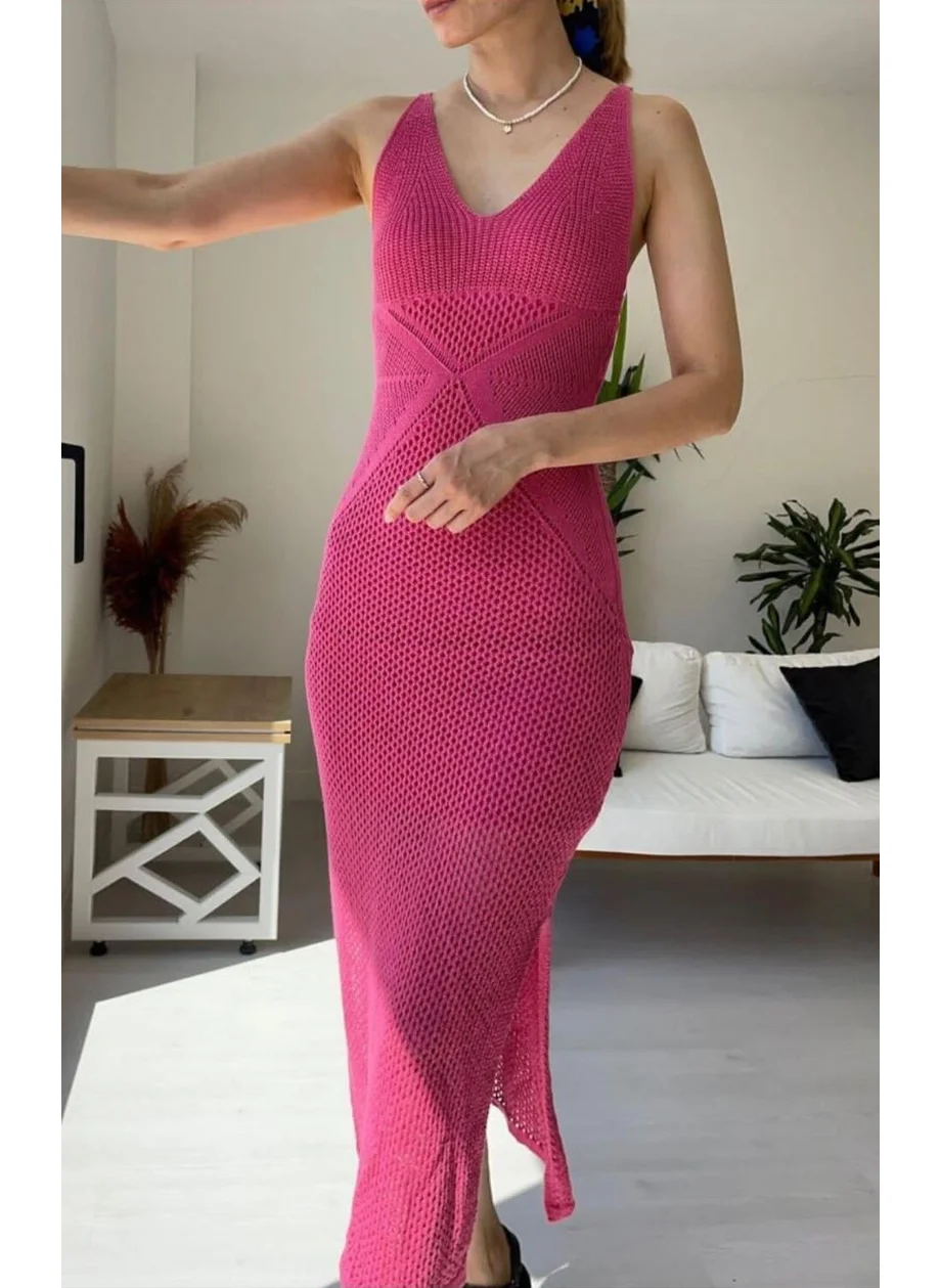 Alexander Gardi Strappy V Neck Openwork Slit Long Knit Dress A92533-S