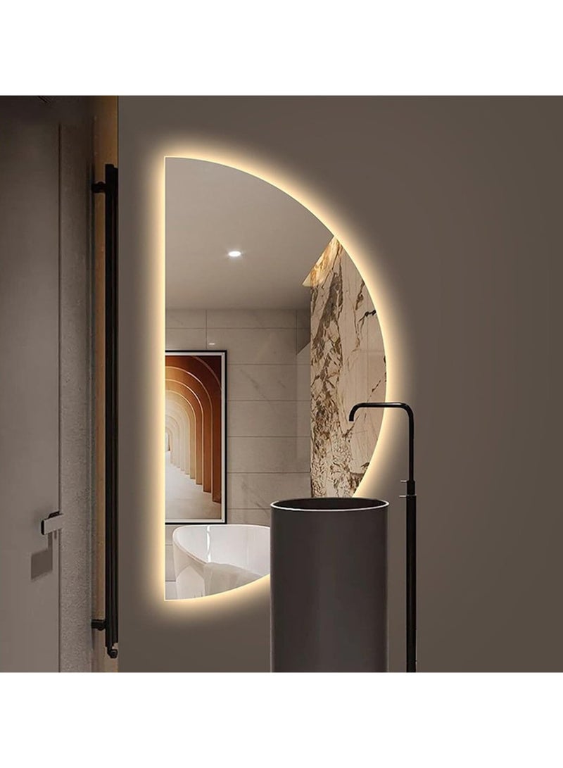 فيبارتي مرآة حمام LED، مرآة زينة نصف دائرية معلقة مقاس 19.6 × 39.2 بوصة، مرآة حائط كبيرة غير منتظمة نصف قمر مع مقاومة للضباب، وظيفة عكس الضوء بثلاثة ألوان، 100 × 50 سم، غرفة الملابس، مرآة حائط أنيقة، زجاج عالي الدقة، سطوع قابل للتعديل، ديكور حمام فاخر، تقنية مضادة للضباب، مرآة حائط مزخرفة - Image 1