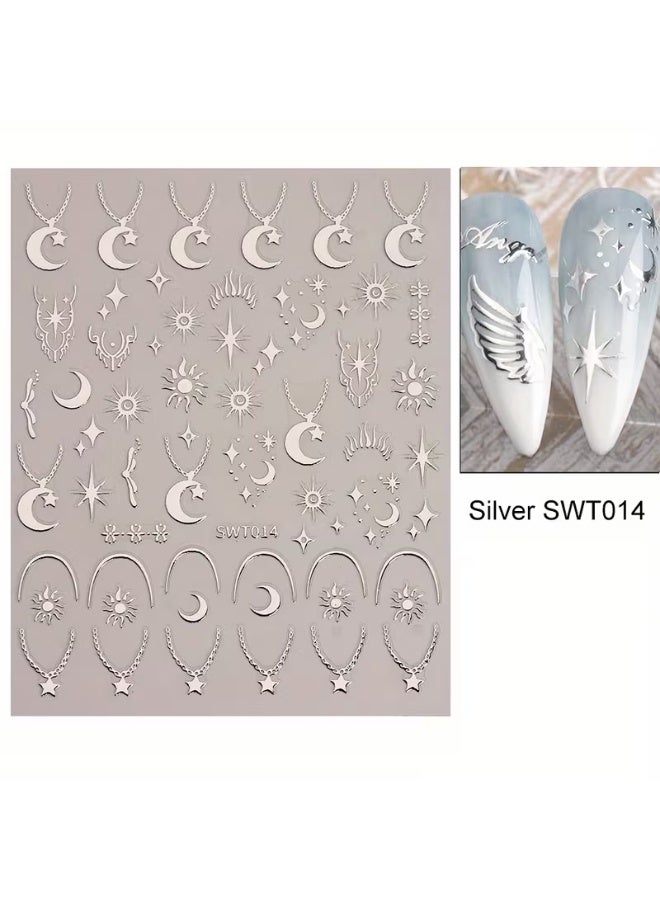 Goolsky New Hot Silver Nail Stickers - Ins Style Moon Star Heart Lock Necklace Feather Metallic Hot Gold Nail Decals - Image 3