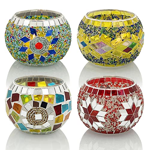 SHMILMH Glass Candle Holder Set of 4, Diwali Gift Votive Candle Holders Handmade Mosaic Glass Tealight Holders Diwali Christmas Table Decorations for Home - Image 2