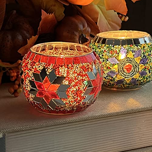 SHMILMH Glass Candle Holder Set of 4, Diwali Gift Votive Candle Holders Handmade Mosaic Glass Tealight Holders Diwali Christmas Table Decorations for Home - Image 4