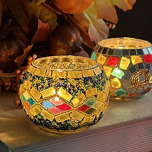 SHMILMH Glass Candle Holder Set of 4, Diwali Gift Votive Candle Holders Handmade Mosaic Glass Tealight Holders Diwali Christmas Table Decorations for Home - Image 3