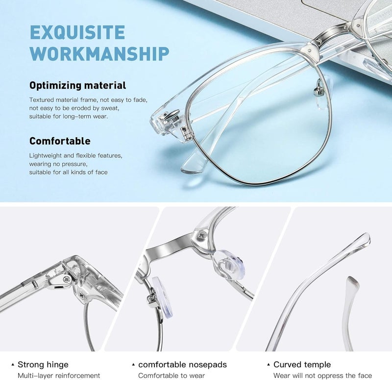 AOMASTE Store Blue Light Blocking Glasses Vintage Half Frame UV Clear Lens Anti Eyestrain Computer Gaming Glasses for Women Men(P53) - Image 3