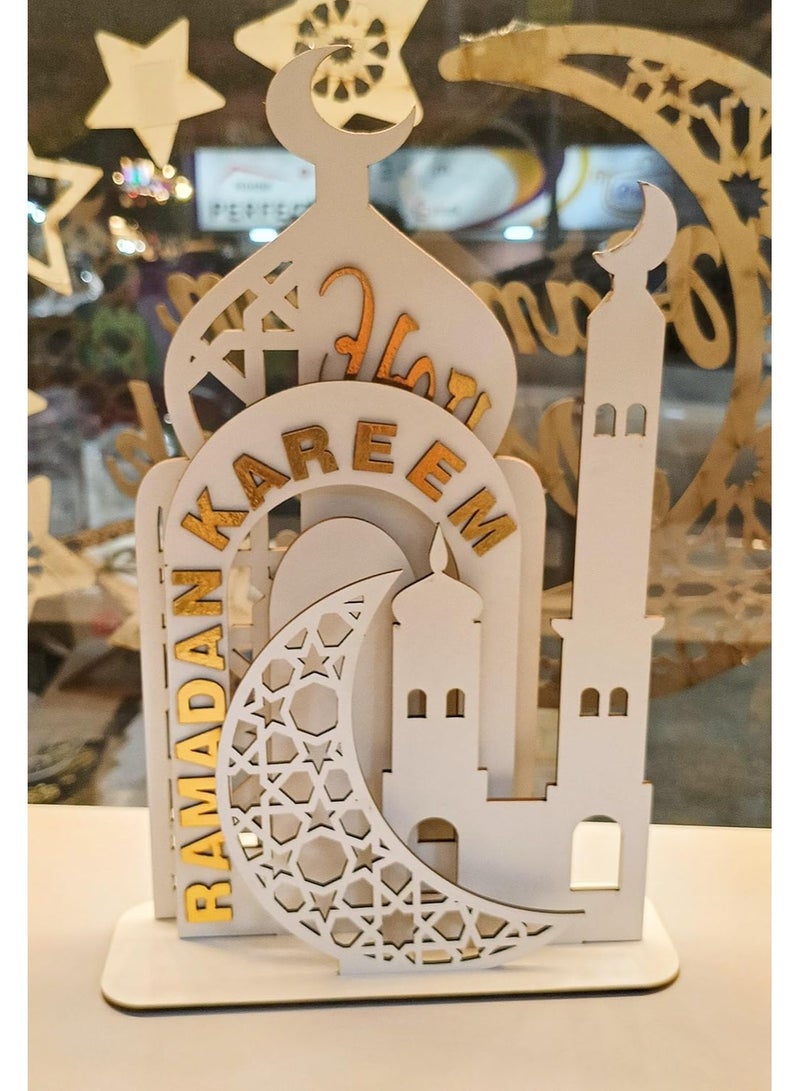 Ramadan Kareem 4-in-1 Stand – Elegant wooden design (minaret and crescent) on a single base – White color – Excellent quality - Image 2