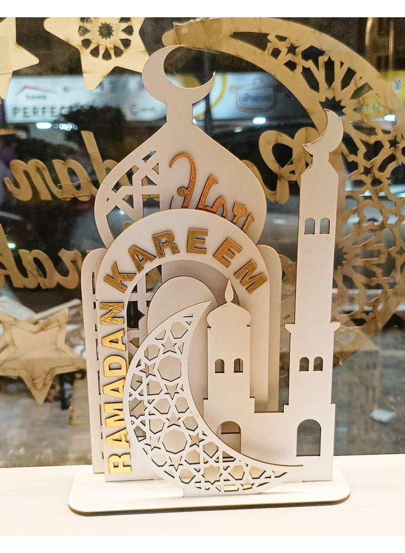 Ramadan Kareem 4-in-1 Stand – Elegant wooden design (minaret and crescent) on a single base – White color – Excellent quality - Image 3