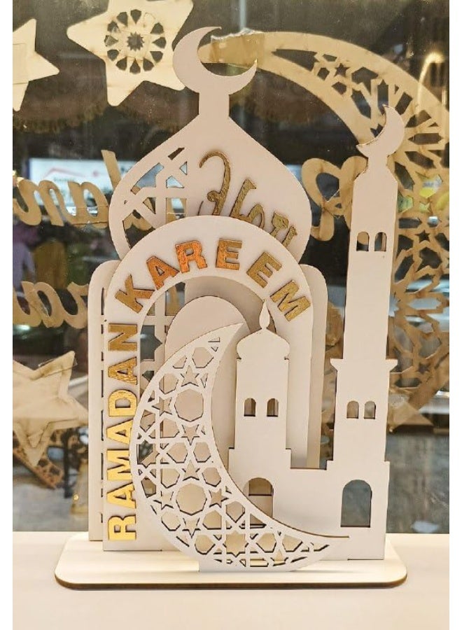 Ramadan Kareem 4-in-1 Stand – Elegant wooden design (minaret and crescent) on a single base – White color – Excellent quality - Image 4