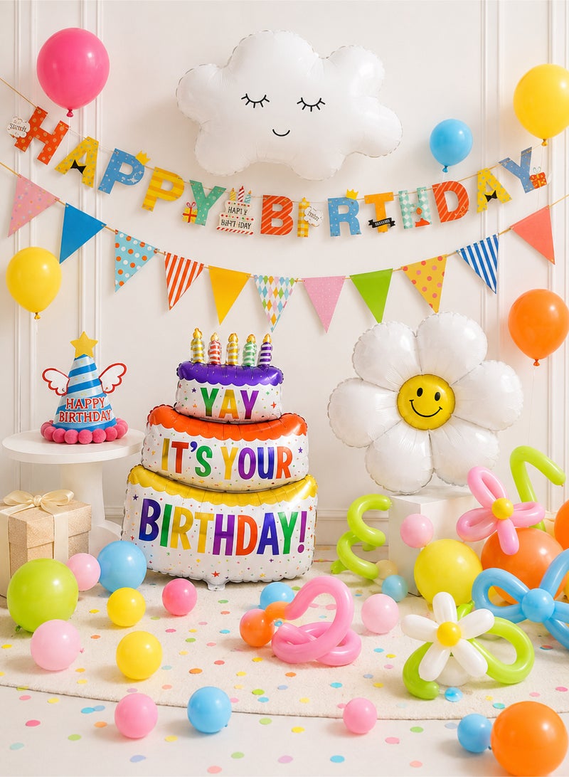 Happy Birthday Party Decorations Balloon Set,Kids Party Supplies with Banner,Cloud & Daisy Foil Balloons,Birthday Hat for Boys Girls,Baby Shower Arch Garland Set for Indoor and Outdoor Backdrop - Image 1