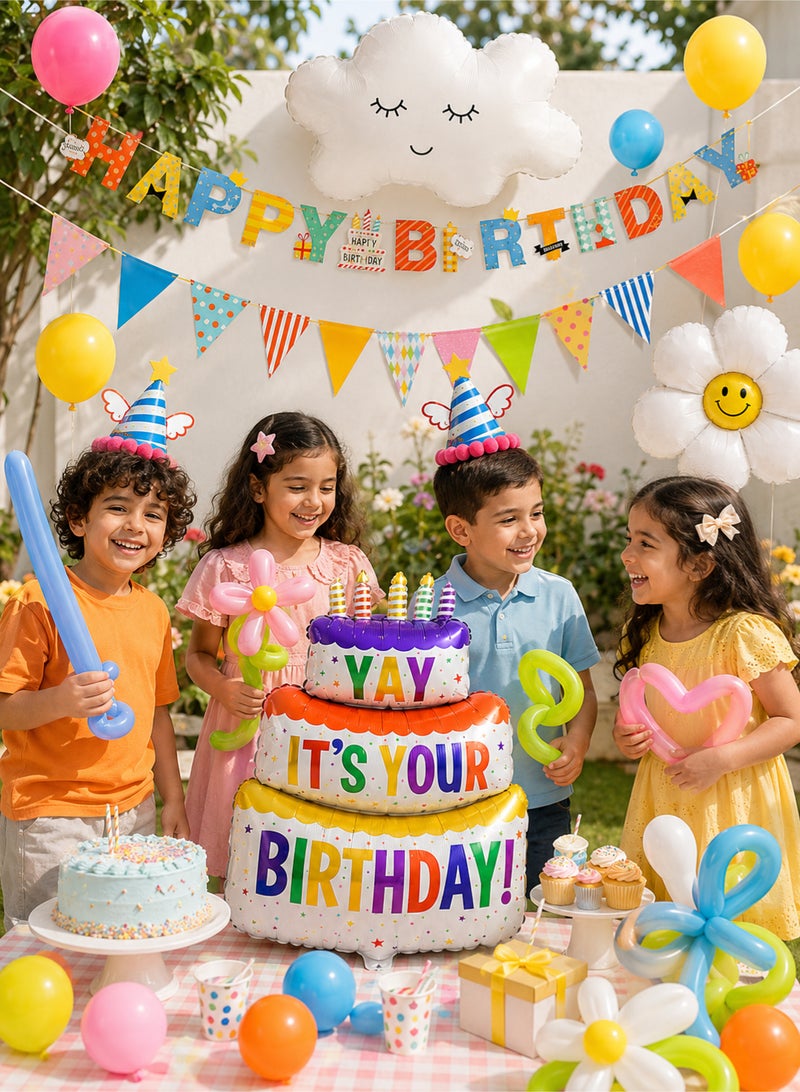 Happy Birthday Party Decorations Balloon Set,Kids Party Supplies with Banner,Cloud & Daisy Foil Balloons,Birthday Hat for Boys Girls,Baby Shower Arch Garland Set for Indoor and Outdoor Backdrop - Image 4