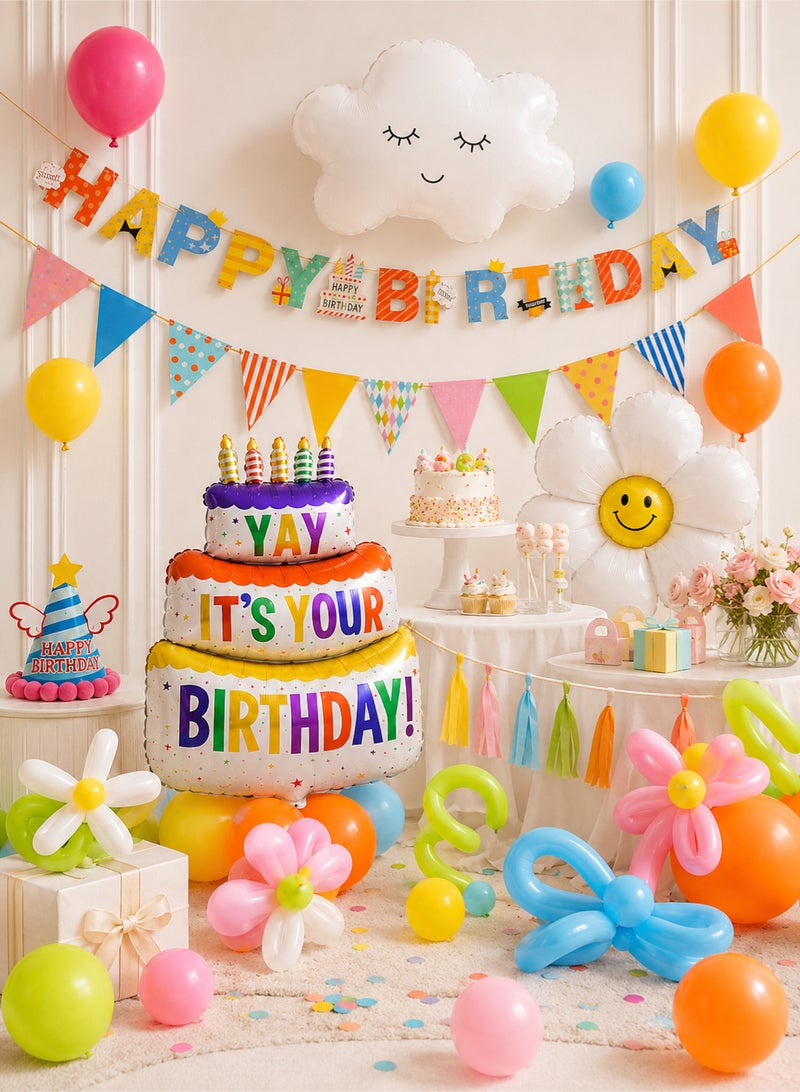 Happy Birthday Party Decorations Balloon Set,Kids Party Supplies with Banner,Cloud & Daisy Foil Balloons,Birthday Hat for Boys Girls,Baby Shower Arch Garland Set for Indoor and Outdoor Backdrop - Image 5