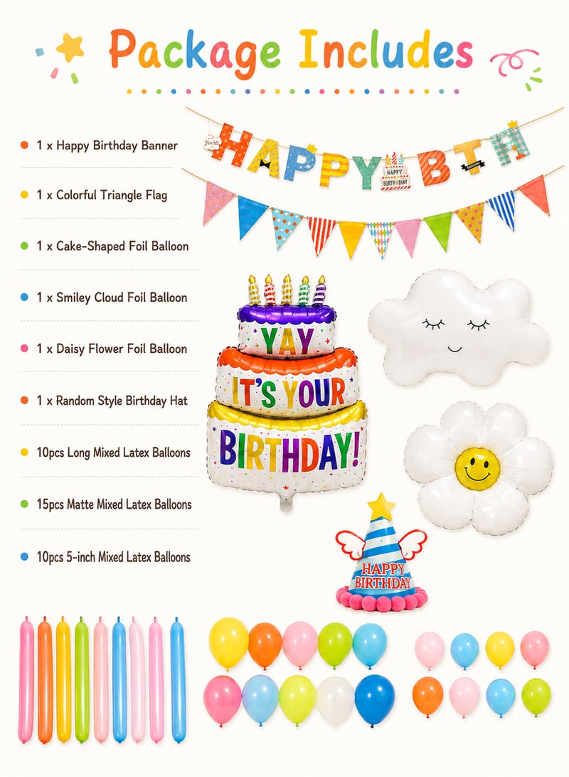 Happy Birthday Party Decorations Balloon Set,Kids Party Supplies with Banner,Cloud & Daisy Foil Balloons,Birthday Hat for Boys Girls,Baby Shower Arch Garland Set for Indoor and Outdoor Backdrop - Image 2
