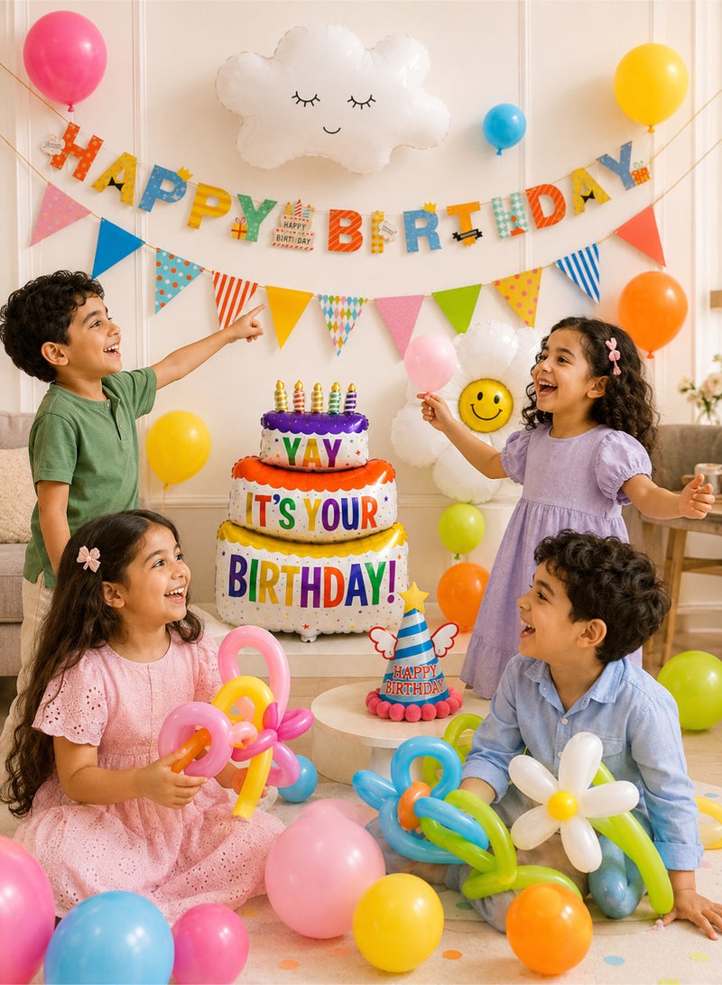 Happy Birthday Party Decorations Balloon Set,Kids Party Supplies with Banner,Cloud & Daisy Foil Balloons,Birthday Hat for Boys Girls,Baby Shower Arch Garland Set for Indoor and Outdoor Backdrop - Image 3