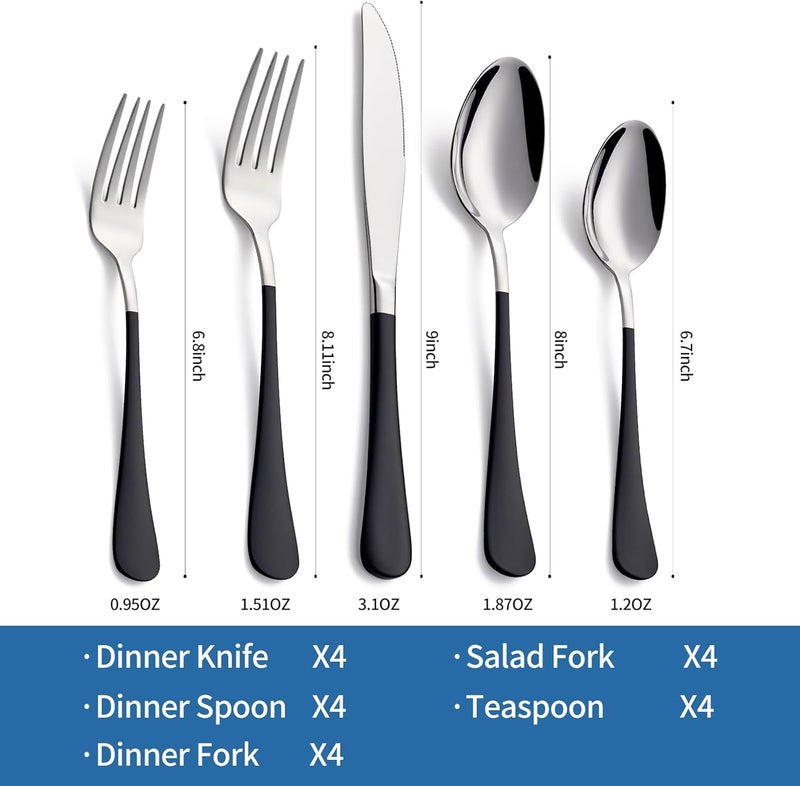 Moxinox 20-Piece Black Silverware Set, 18/0 Stainless Steel Black Handle Flatware Set, Service for 4, Modern Cutlery Set Includes Dinner Knives Forks Spoons, Mirror Polished, Dishwasher Safe - Image 2