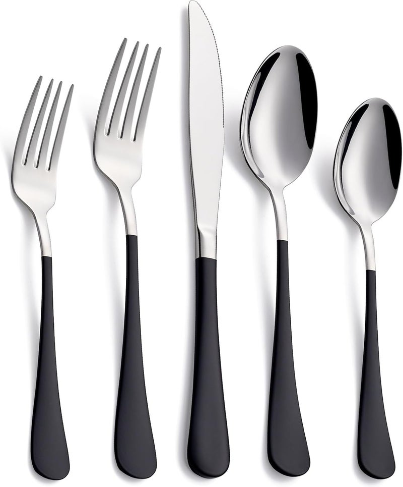 Moxinox 20-Piece Black Silverware Set, 18/0 Stainless Steel Black Handle Flatware Set, Service for 4, Modern Cutlery Set Includes Dinner Knives Forks Spoons, Mirror Polished, Dishwasher Safe - Image 1