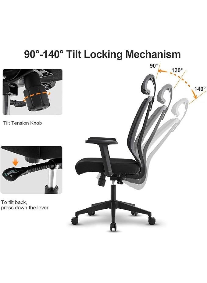 Modern mesh office chair with high back, adjustable armrests, removable headrest, 4-inch height adjustment, and 90-140 degree tilt, black - Image 2