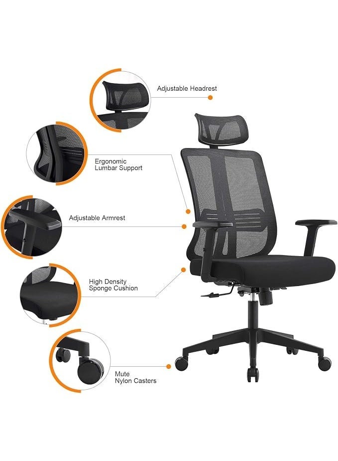 Modern mesh office chair with high back, adjustable armrests, removable headrest, 4-inch height adjustment, and 90-140 degree tilt, black - Image 3