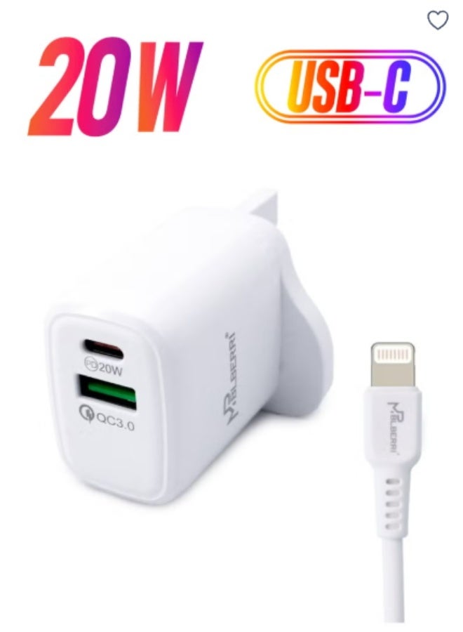 MPBLBERRI 20 Watt USB-A and USB-C PD Fast Charger With Lightning Cable - Image 1