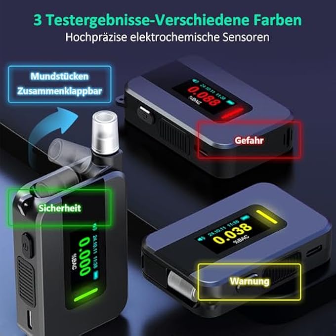 rayihni Alcohol Tester with Electrochemical Sensor, Portable Breathalyser with IPS HD Display, Per Mille Meter with 21 Mouthpieces for Home or Party Use - Image 2