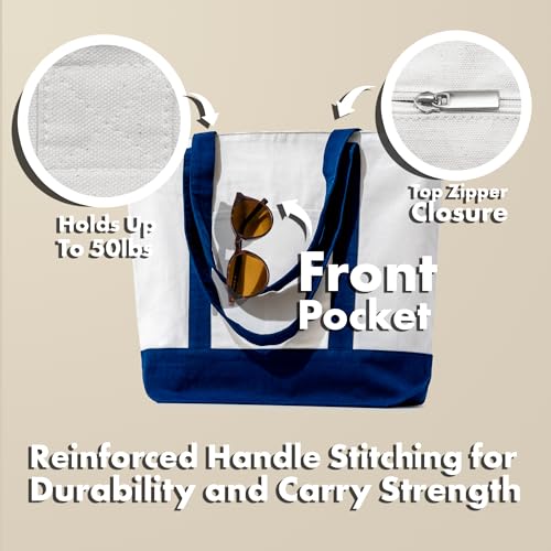 Carrywell (Not Made In China) Canvas Tote Bags with Zipper, 15"x 21", Heavy Duty Organic Cotton With Handles and Front Pocket, Reusable Shopping Totes - Image 5