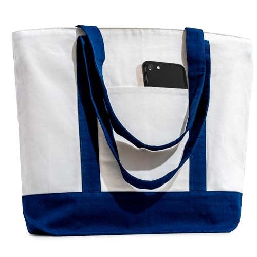 Carrywell (Not Made In China) Canvas Tote Bags with Zipper, 15"x 21", Heavy Duty Organic Cotton With Handles and Front Pocket, Reusable Shopping Totes - Image 1