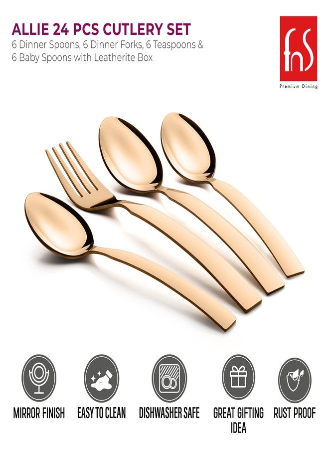 FnS Stainless Steel Rose Gold Cutlery Set with Leatherette Box -Allie 24 pc(6 Dinner Spoon, 6 Dinner Forks, 6 Teaspoon, 6 Baby Spoons) - Image 3
